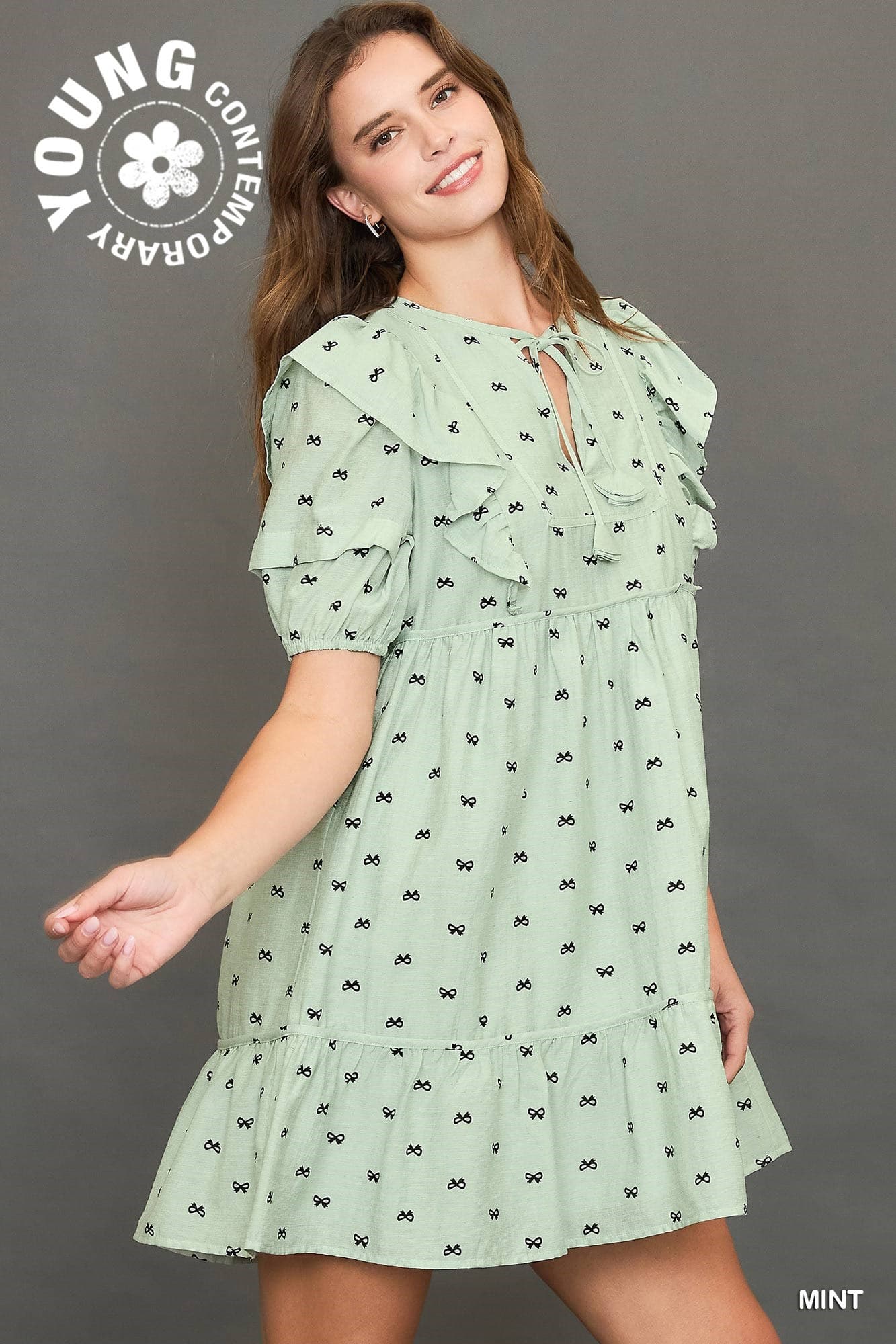 Umgee Ribbon Print Mini Dress with Piping Details