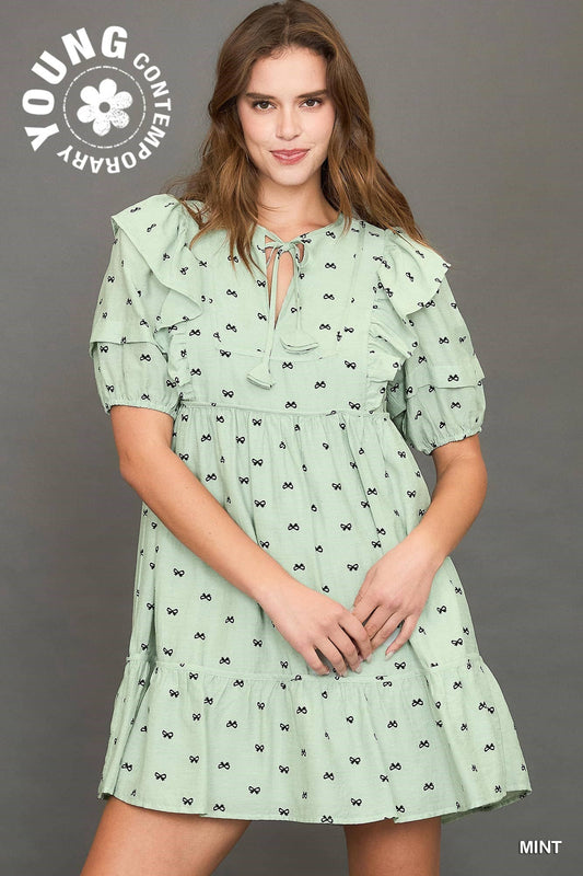 Umgee Ribbon Print Mini Dress with Piping Details