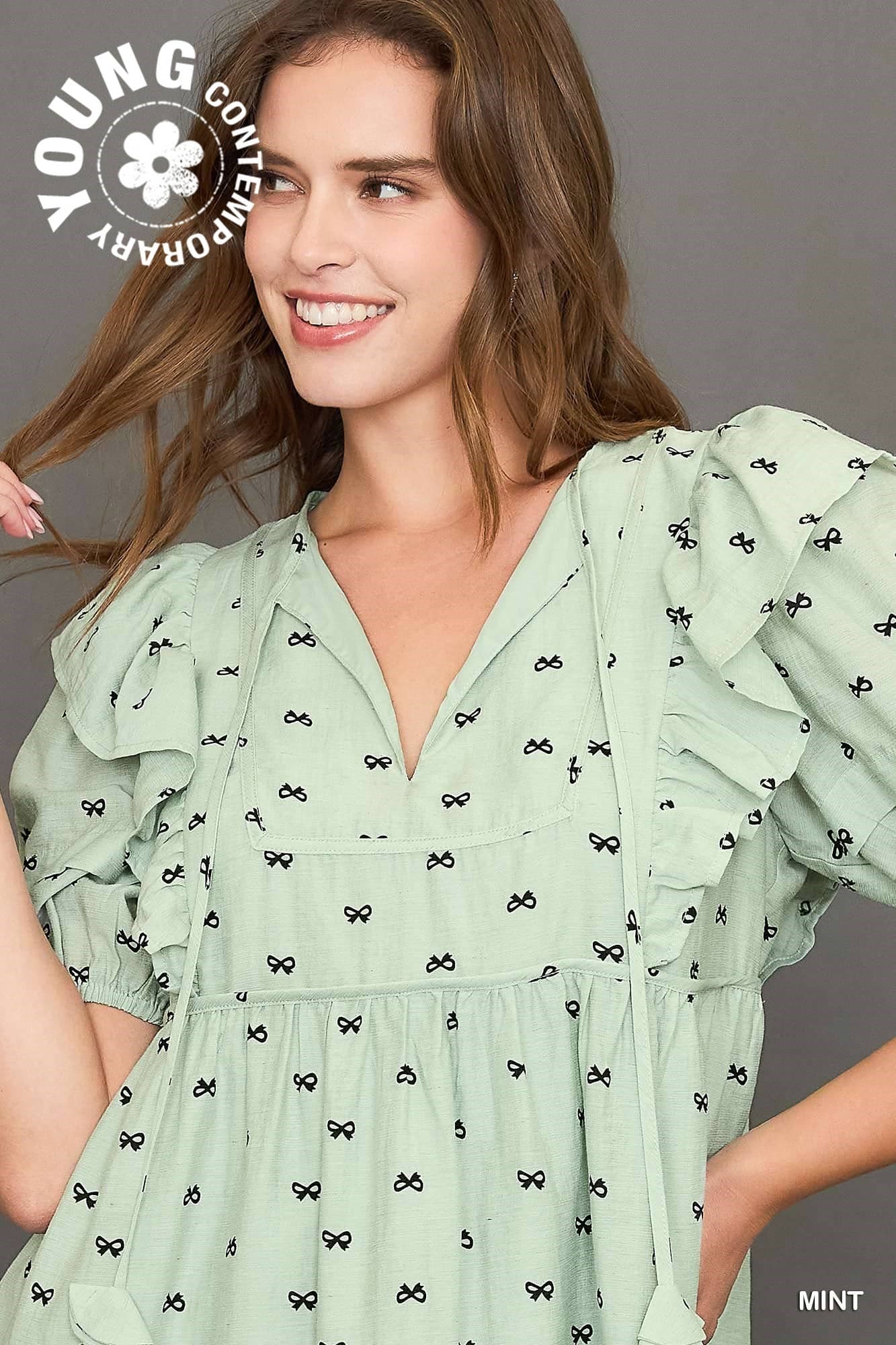Umgee Ribbon Print Mini Dress with Piping Details