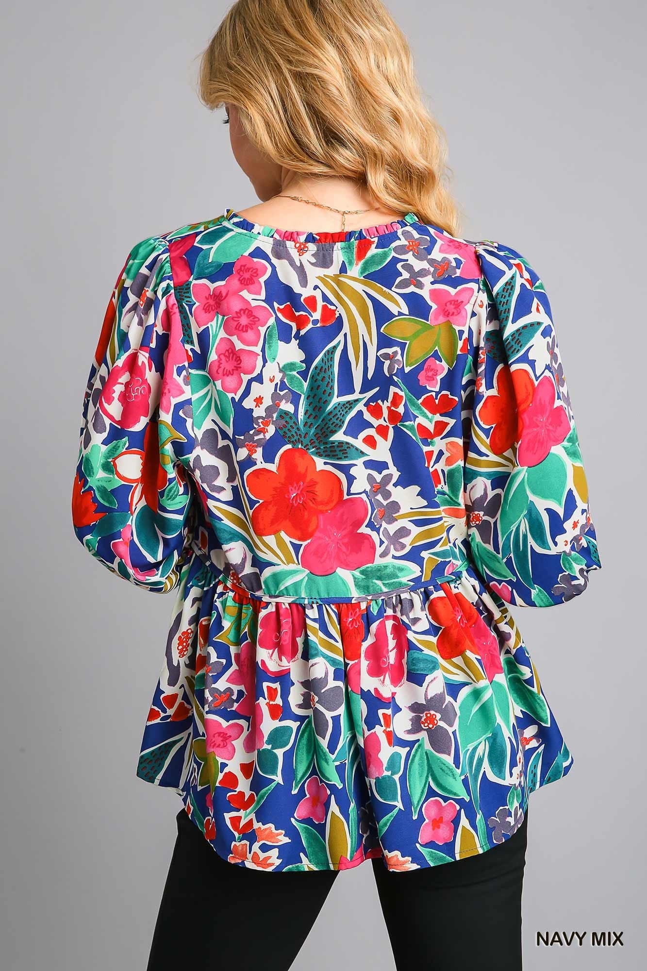 Umgee Floral Print V-Neck Ruffle Front Tie Baby Doll Top