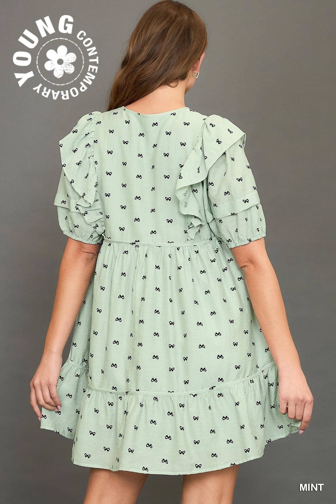 Umgee Ribbon Print Mini Dress with Piping Details
