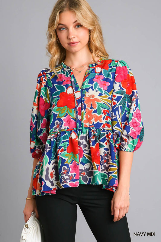 Umgee Floral Print V-Neck Ruffle Front Tie Baby Doll Top