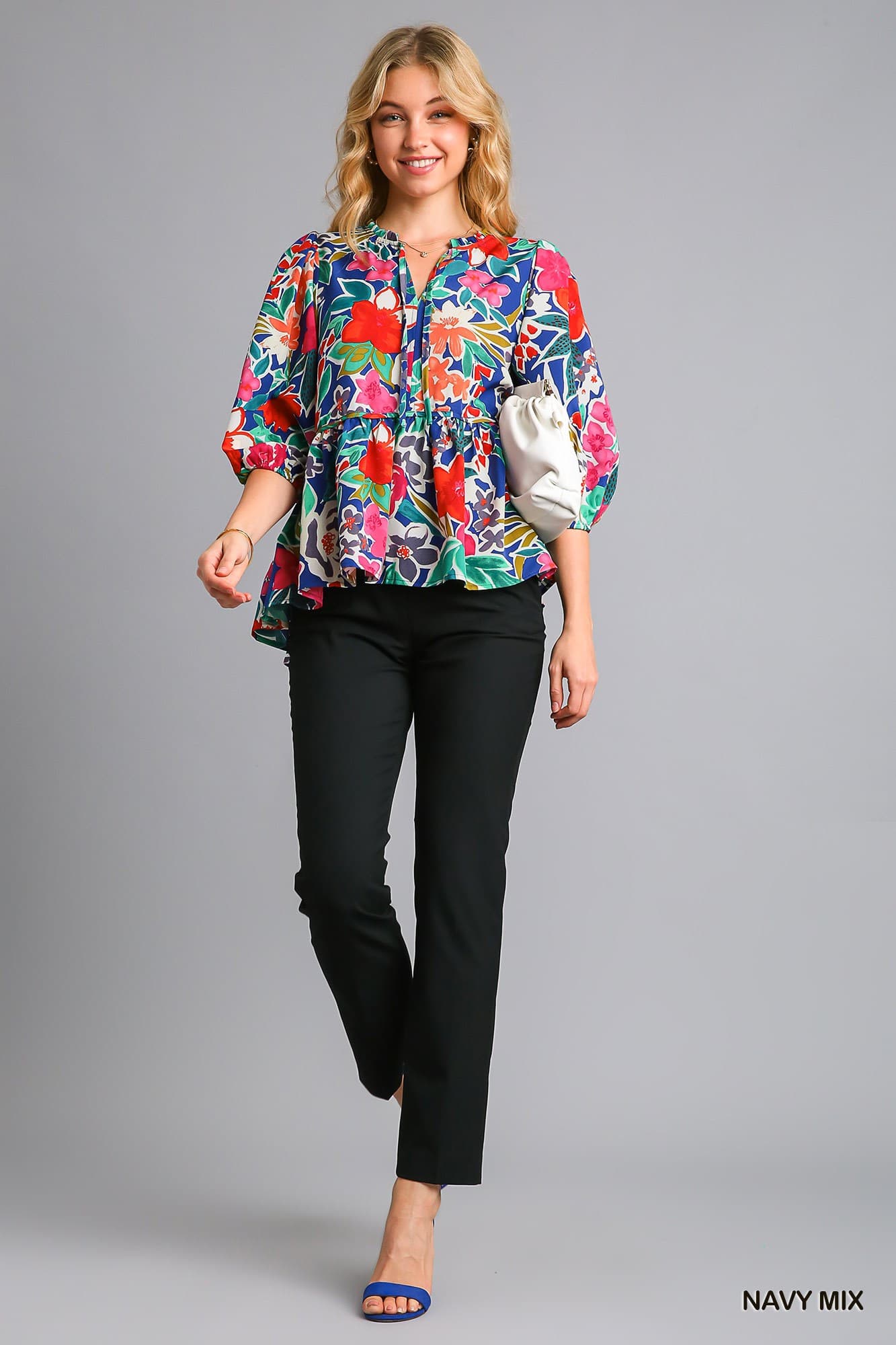Umgee Floral Print V-Neck Ruffle Front Tie Baby Doll Top