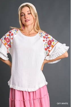 Umgee Embroidered Sleeve Blouse
